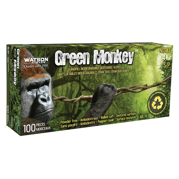 Watson Gloves Green Monkey, Disposable Gloves, 4 mil Palm, Biodegradable Nitrile, Powder-Free, S, 50 PK, Green 5559PF-S - main